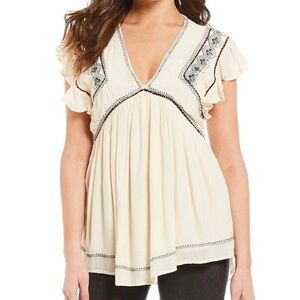 FREE PEOPLE Boho Fallen Waterfall Embroidered Ivory Ruffle Sleeve Top Size Small